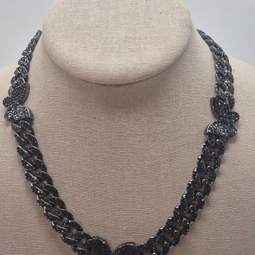 Rhodium Plated Miami Cuban Link Iced Out Black Stones Butterfly Necklace 16 In.